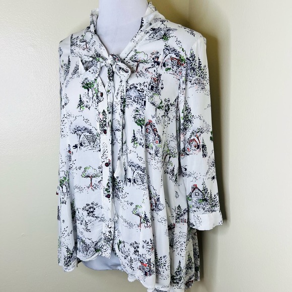 Anthropologie Maeve Swing Blouse SMALL Toile Novelty Tie Neck 3/4 Sleeve Button - Picture 3 of 12